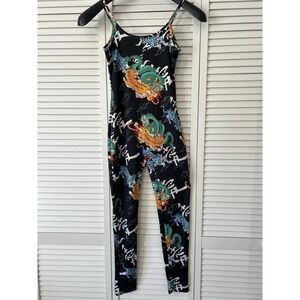 Roma Concept Jumpsuit Women's L Black Dragon Tiger Print Spaghetti Strap stretch